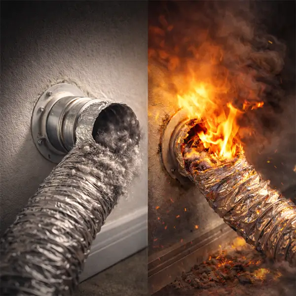 Split image showing dirty dryer vent with lint buildup and a dryer vent fire with flames coming from the duct
