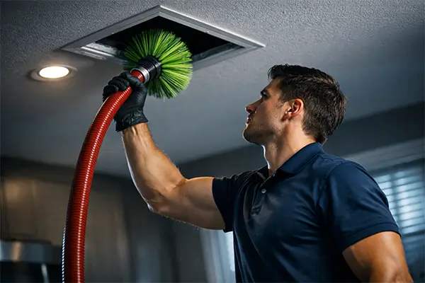 HVAC technician cleaning air duct with rotating brush in modern home ceiling vent