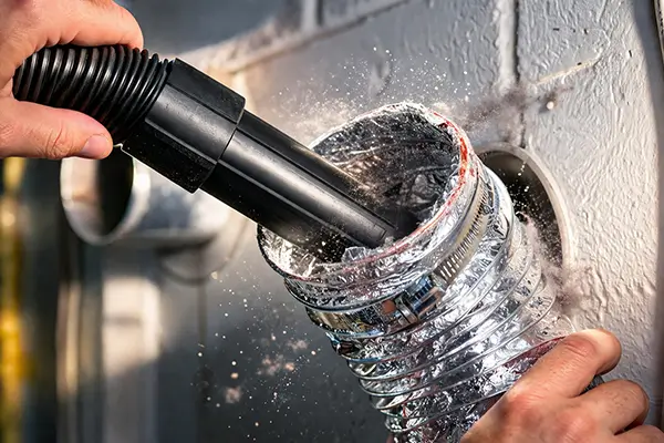 Person cleaning a flexible aluminum dryer vent duct using a vacuum hose, with visible dust and lint particles in a close-up home maintenance scene.