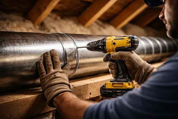 Close-up of construction worker using power drill to install HVAC ductwork in attic with exposed wooden beams