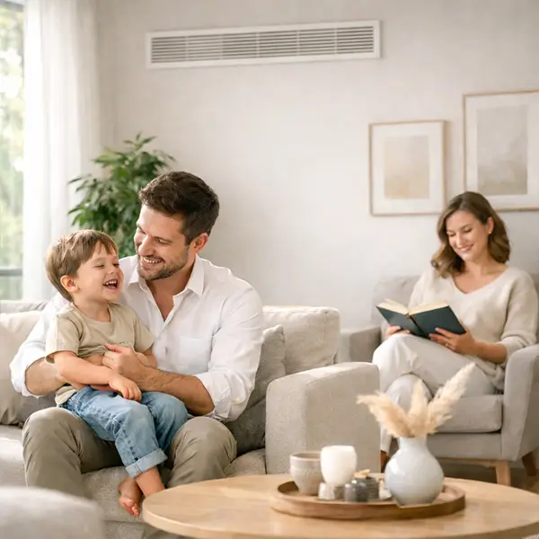 Happy family relaxing in a bright modern living room with a large wall air vent