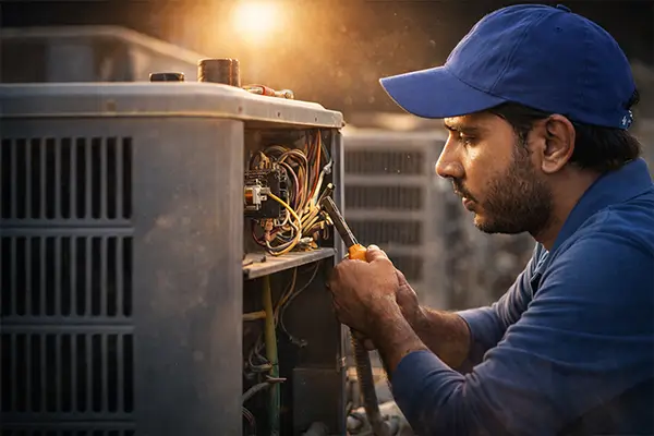 HVAC technician repairing outdoor air conditioning unit with exposed wiring during golden hour lighting