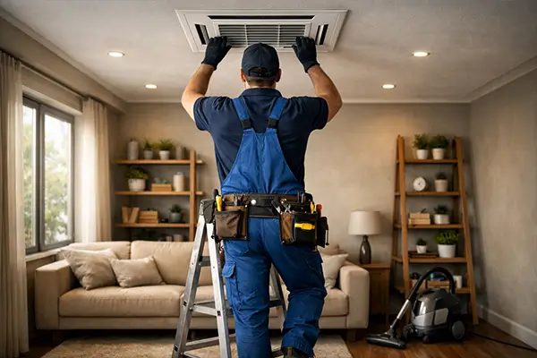 HVAC technician installing ceiling air vent in modern living room
