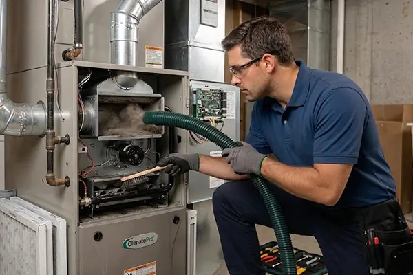Male technician in a dark blue polo shirt, safety glasses, and grey gloves using a green vacuum hose and brush to clean the internal parts of a ClimatePro furnace.